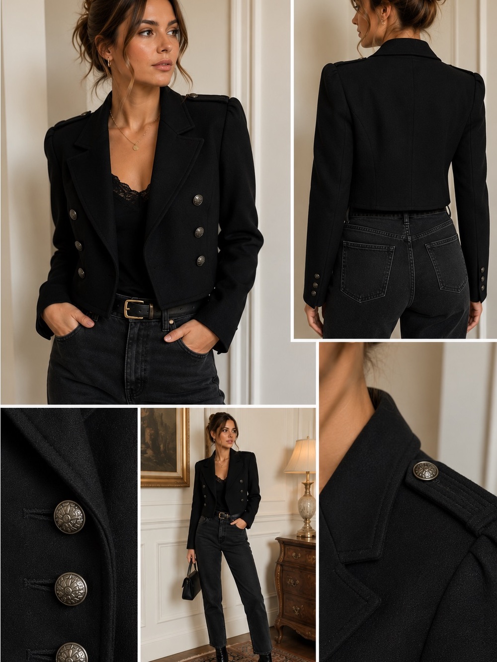 Vintage DKNY Military Cropped Blazer Black Wool Designer Jacket Size 10